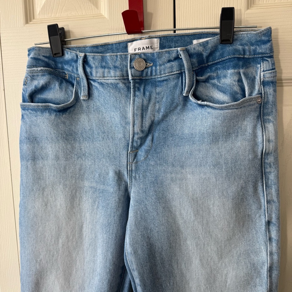 Frame Le High Straight Jean Light Wash Raw Hem Womens Size 28 - Picture 5 of 12
